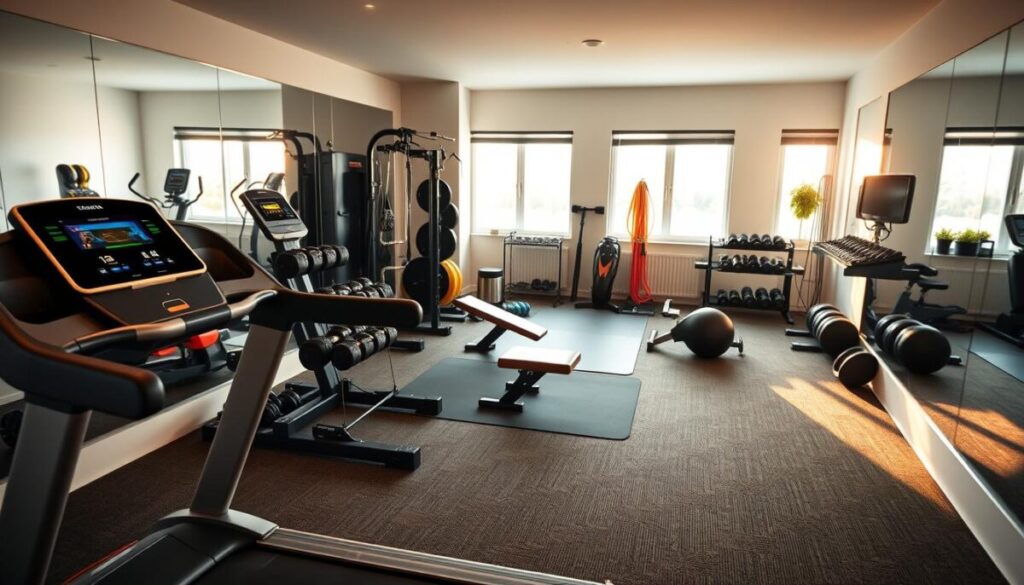A well-lit, spacious home gym filled with an array of essential fitness equipment. In the foreground, a sleek and modern treadmill, its display panel illuminated with performance metrics. Beside it, a sturdy weightlifting bench accompanied by a full set of dumbbells and barbells. In the middle ground, a versatile resistance band station and a high-quality exercise mat for floor-based workouts. The background features a large, full-length mirror, reflecting the equipment and creating a sense of depth. Warm, natural lighting filters in through large windows, casting a soft glow and creating a welcoming, motivating atmosphere for the ultimate home workout experience.