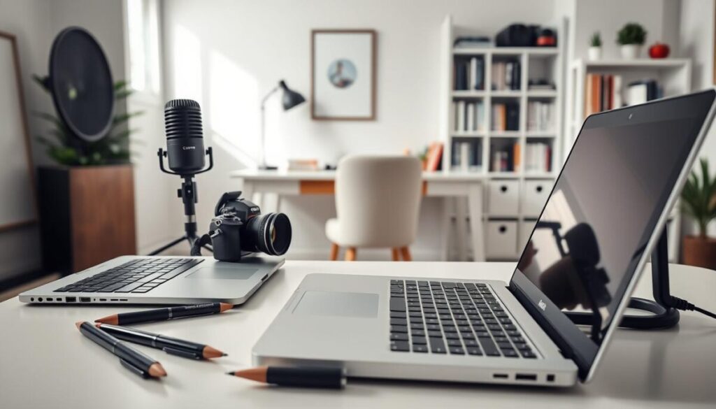 A well-lit studio setting featuring an assortment of content creation tools for bloggers. In the foreground, an open laptop, stylish pens, a high-quality digital camera, and a professional-grade microphone. On the middle-ground, a crisp, clean desk with a minimalist aesthetic, accompanied by a cozy chair. The background showcases a simple, yet elegant bookshelf, filled with relevant blogging and writing resources. The overall atmosphere exudes a sense of productivity, creativity, and inspiration - the perfect environment for a blogger to thrive.