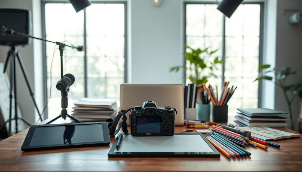 A well-lit studio setting with a table showcasing an assortment of visual content creation tools. In the foreground, a high-quality DSLR camera, a drawing tablet, and a professional-grade microphone. In the middle ground, a sleek laptop, a stack of sketchbooks, and various art supplies like brushes, colored pencils, and markers. The background features a large window with natural lighting, providing a bright and airy atmosphere. The overall mood is one of creativity, productivity, and the tools necessary for crafting engaging visual content.