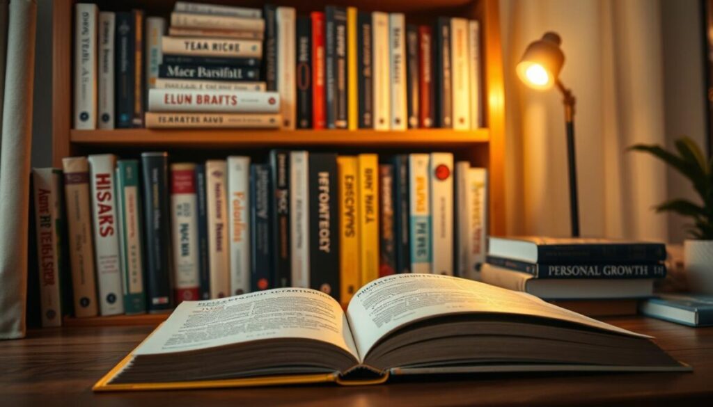 A well-lit study room, filled with an assortment of personal growth books arranged artfully on a wooden bookshelf. The books' spines are visible, showcasing a diverse range of titles and authors. Soft, warm lighting casts a cozy glow, creating an atmosphere of introspection and self-discovery. In the foreground, a single book lies open, its pages inviting the viewer to delve into the transformative power of reading. The overall scene conveys the idea of growth, knowledge, and the endless possibilities for personal development through the power of the written word.