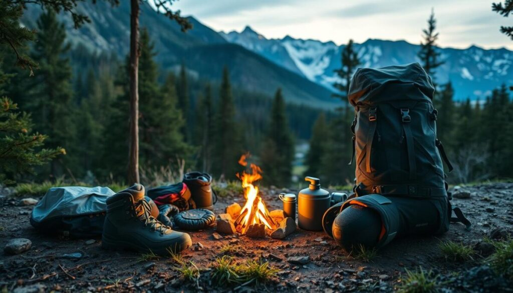 A well-organized campsite nestled in a lush, forested mountain backdrop. In the foreground, a hiker's backpack, boots, and lightweight camping gear are neatly arranged, highlighting the essentials for a minimalist, multi-day trek. Soft, natural lighting filters through the canopy, casting a warm, golden glow over the scene. The middle ground features a small campfire, its gentle flames dancing amidst a collection of compact, high-performance camping equipment. The background showcases rugged, snow-capped peaks and a picturesque valley, setting the stage for an immersive, outdoor adventure. The overall mood evokes a sense of tranquility, preparedness, and the joys of light, efficient backpacking.