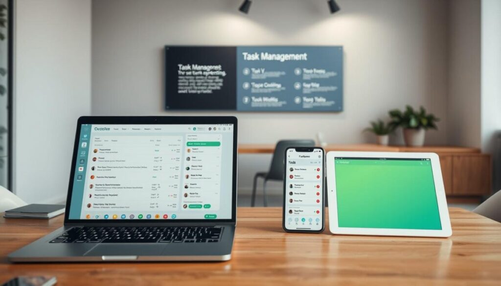 An array of task management apps displayed on a sleek and modern workspace. In the foreground, a laptop screen shows the user interface of a popular task management app, with neatly organized to-do lists, project timelines, and scheduling tools. The middle ground features a smartphone and a tablet, both showcasing similar productivity apps with clean, intuitive designs. The background is a minimalist office setting with a wooden desk, a potted plant, and a wall-mounted display highlighting key features of the task management software. Soft, directional lighting from above creates a professional, focused atmosphere. The overall composition emphasizes the seamless integration of these productivity tools into a modern, efficient work environment.