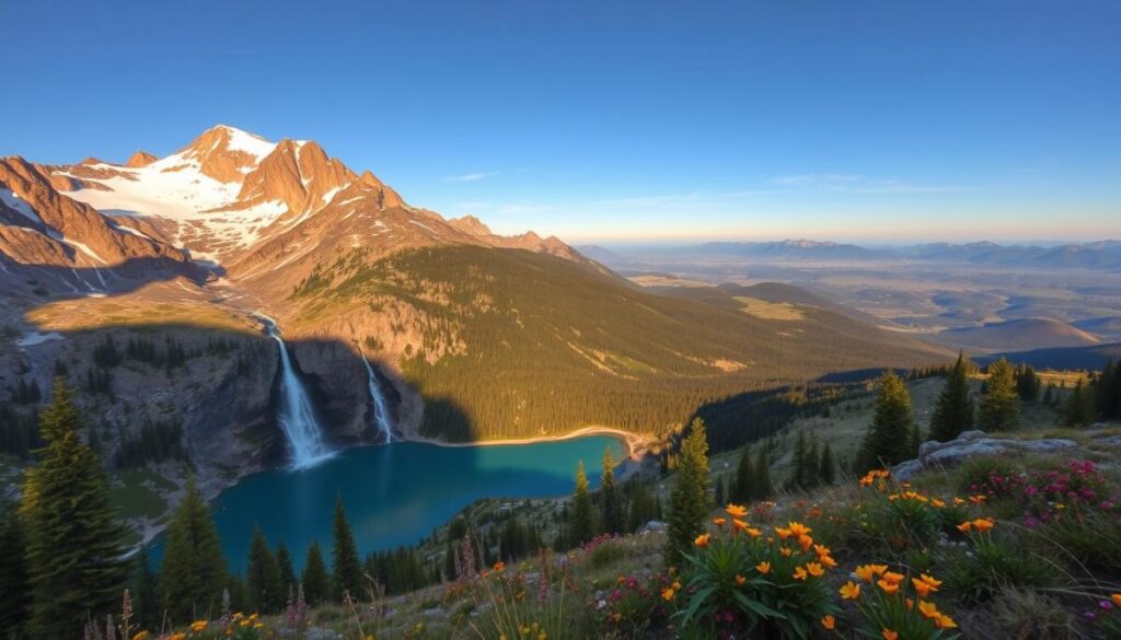 Breathtaking vistas of the American West unfold before a wide-angle lens. In the foreground, rugged mountain peaks rise majestically, their snow-capped summits glistening under warm, golden sunlight. Cascading waterfalls plunge into pristine turquoise lakes, framed by lush, evergreen forests. The middle ground features rolling hills and vast, open meadows, dotted with wildflowers in vibrant hues. The background reveals a panoramic landscape, with distant mountain ranges fading into the hazy blue horizon. A sense of tranquility and wonder permeates the scene, inviting the viewer to embark on an unforgettable adventure in these hidden nature havens.