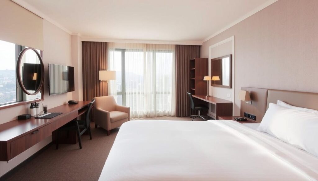 Cozy budget-friendly hotel room with plush bedding, warm lighting, and minimalist decor. Clean and spacious private ensuite bathroom. Large windows overlooking a picturesque city skyline. Comfortable work desk and armchair for productivity or relaxation. Subtle neutral color palette creates a serene, inviting atmosphere. Practical storage solutions and convenient amenities for the discerning traveler. Soft, natural daylight filters through sheer curtains, lending a tranquil ambiance. Capture the essence of an affordable yet stylish accommodation option.