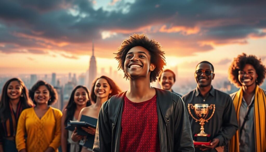 Inspiring success stories unfold in a vibrant, dynamic scene. In the foreground, individuals of diverse backgrounds stand tall, their faces alight with determination and pride. Soft, warm lighting casts a glow upon their triumphant expressions, capturing the essence of their transformative journeys. In the middle ground, a tapestry of achievements and milestones unfolds, from diplomas to trophies, symbolizing the fruits of their hard work and perseverance. The background features a captivating cityscape, a testament to the limitless possibilities that await those who dare to dream. The overall atmosphere exudes a sense of hope, empowerment, and the boundless potential of the human spirit.