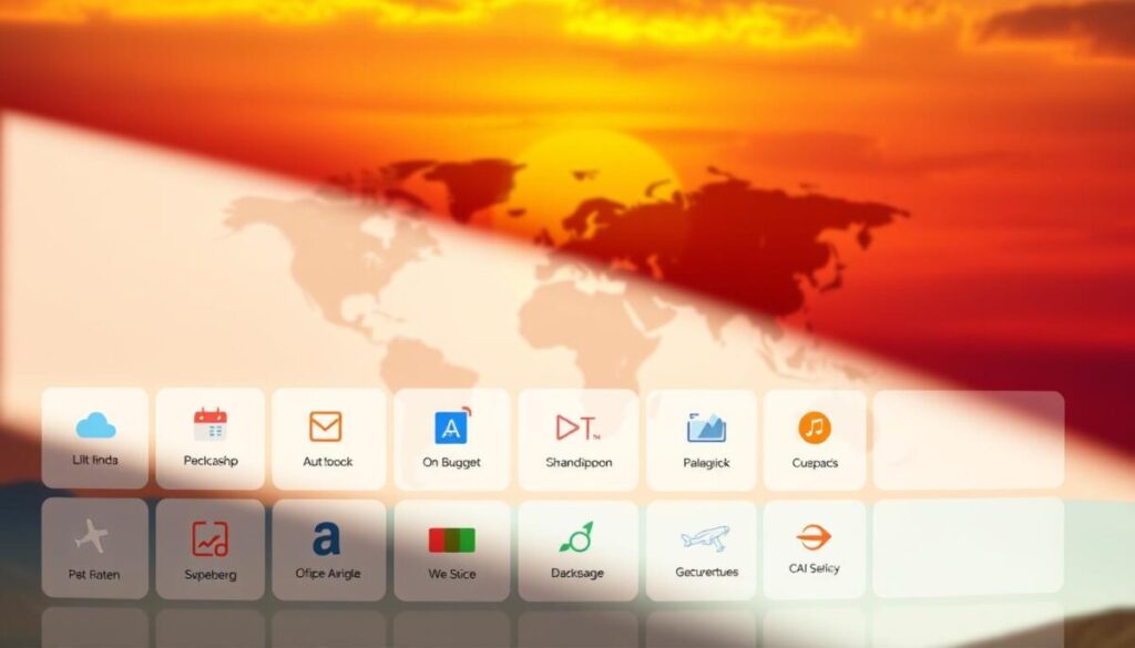Sleek, minimalist comparison of budget airline options against a sun-drenched travel backdrop. Foreground showcases a grid of flight booking sites, each with a distinctive icon and color scheme. Middle ground features a stylized world map, continents rendered in soft gradients. Background depicts a vibrant sunset sky, warm hues blending seamlessly. Lighting is soft and diffused, evoking a sense of wanderlust and discovery. Lens is wide enough to capture the full breadth of the travel theme, angles slightly elevated to give a birds-eye perspective. The overall mood is one of accessible, efficient travel planning - a visual guide to unlocking affordable adventures.