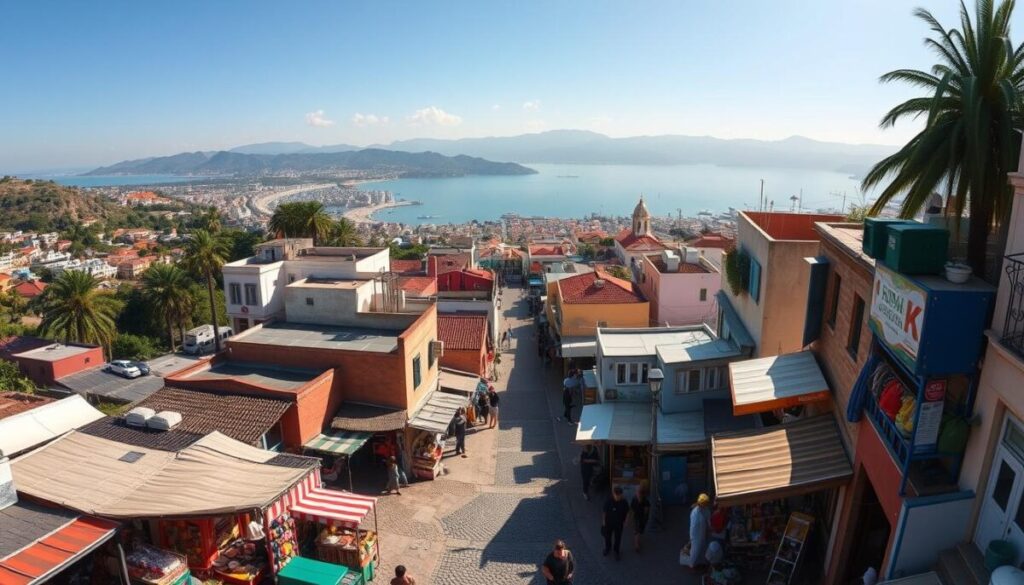 Sprawling landscapes of sun-drenched beaches, quaint villages, and bustling city streets. A panoramic view of budget-friendly destinations, captured through the lens of a wide-angle camera. In the foreground, vibrant marketplaces teeming with local artisanal crafts and street food stalls. Meandering through the middle ground, narrow cobblestone alleys flanked by charming, colorful buildings. In the distance, majestic mountains or serene coastlines, bathed in warm, golden light. An atmosphere of adventure, cultural immersion, and accessible exploration, inviting the traveler to embark on a journey of discovery without breaking the bank.